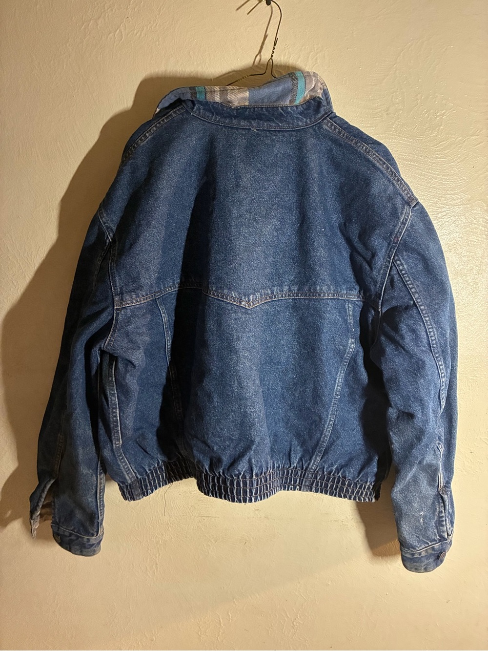 Men’s,Levi's Blue Denim flannel lined distressed Bomber Jacket XL 90s grunge - Picture 13 of 14